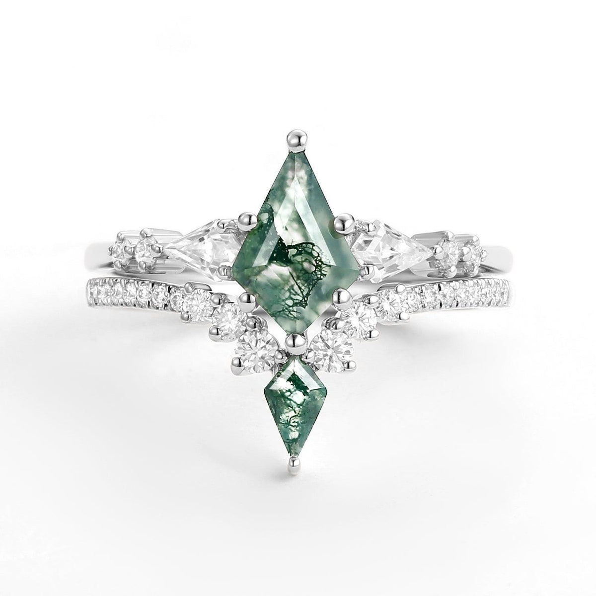 Zendaya Twin Flames Women Kite Moss Agate Wedding Ring Sets 2pcs.