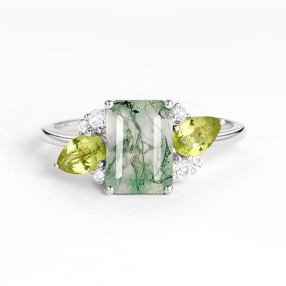 Nature Inspired Emerald Cut Moss Agate Double Pear Peridot Engagement Ring.