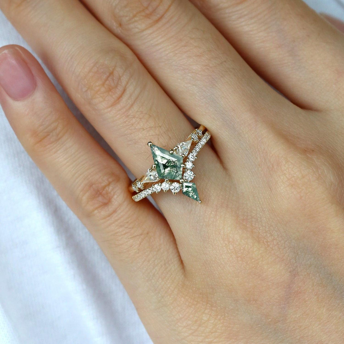 Zendaya Twin Flames Women Kite Moss Agate Wedding Ring Sets 2pcs.