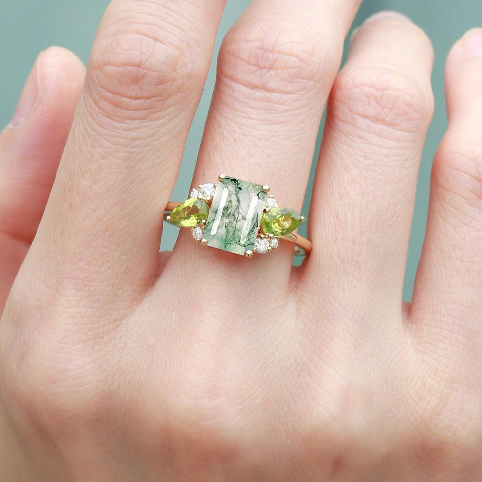 Nature Inspired Emerald Cut Moss Agate Double Pear Peridot Engagement Ring.