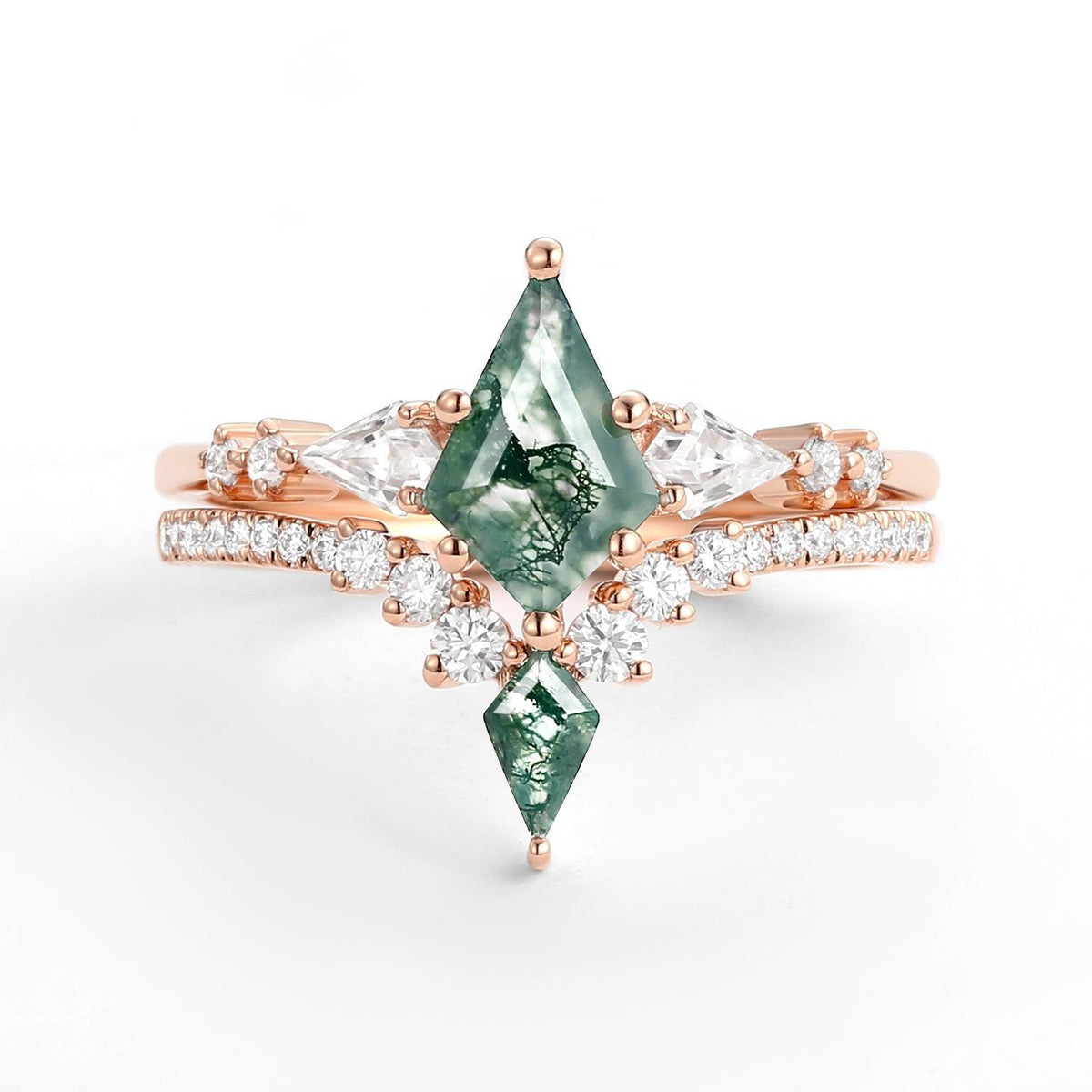 Zendaya Twin Flames Women Kite Moss Agate Wedding Ring Sets 2pcs.