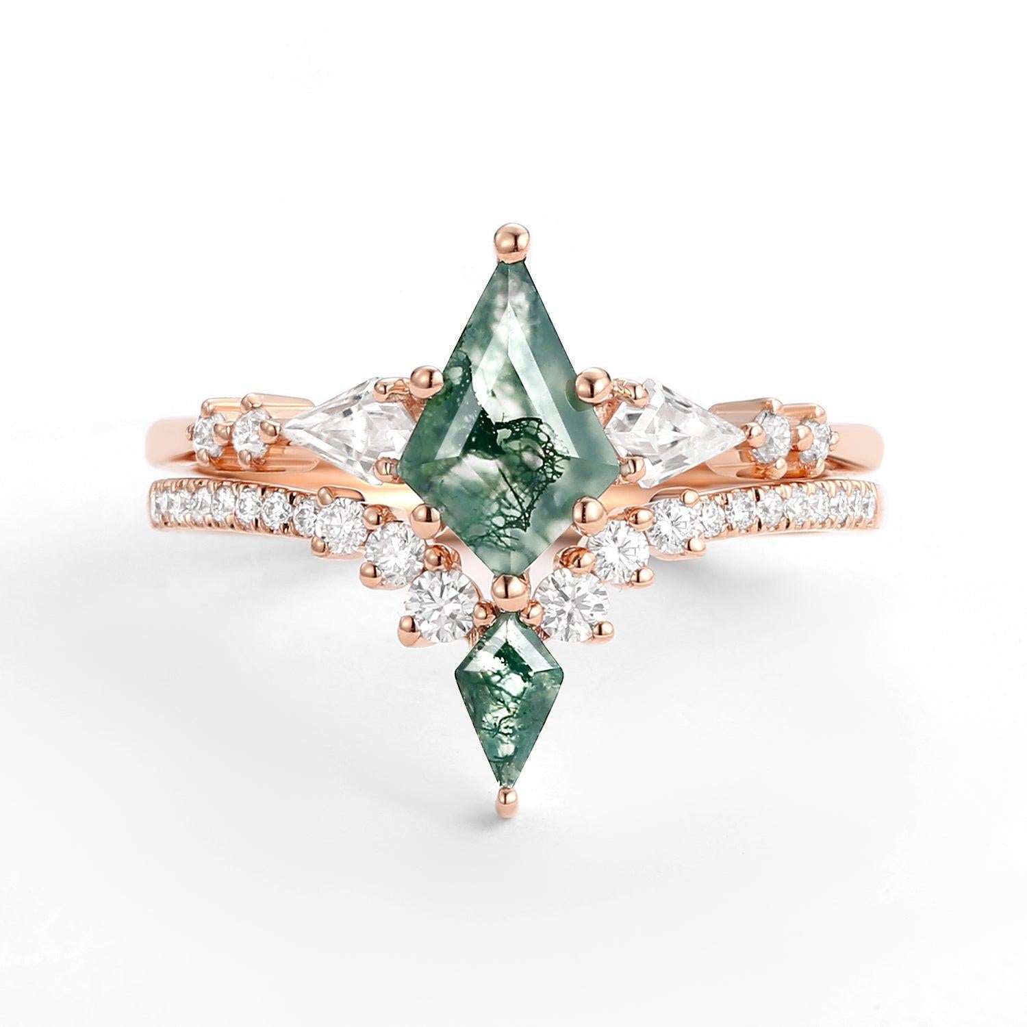 Zendaya Twin Flames Women Kite Moss Agate Wedding Ring Sets 2pcs.