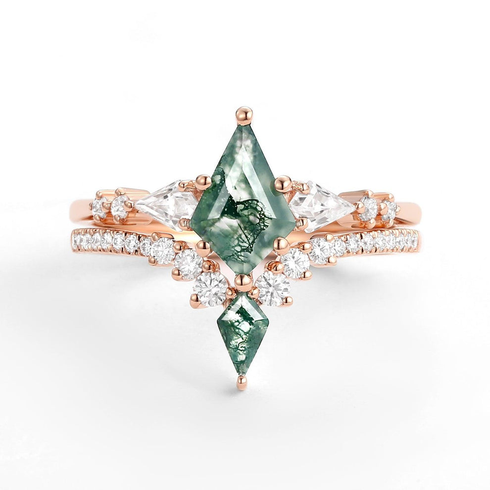 Zendaya Twin Flames Women Kite Moss Agate Wedding Ring Sets 2pcs.