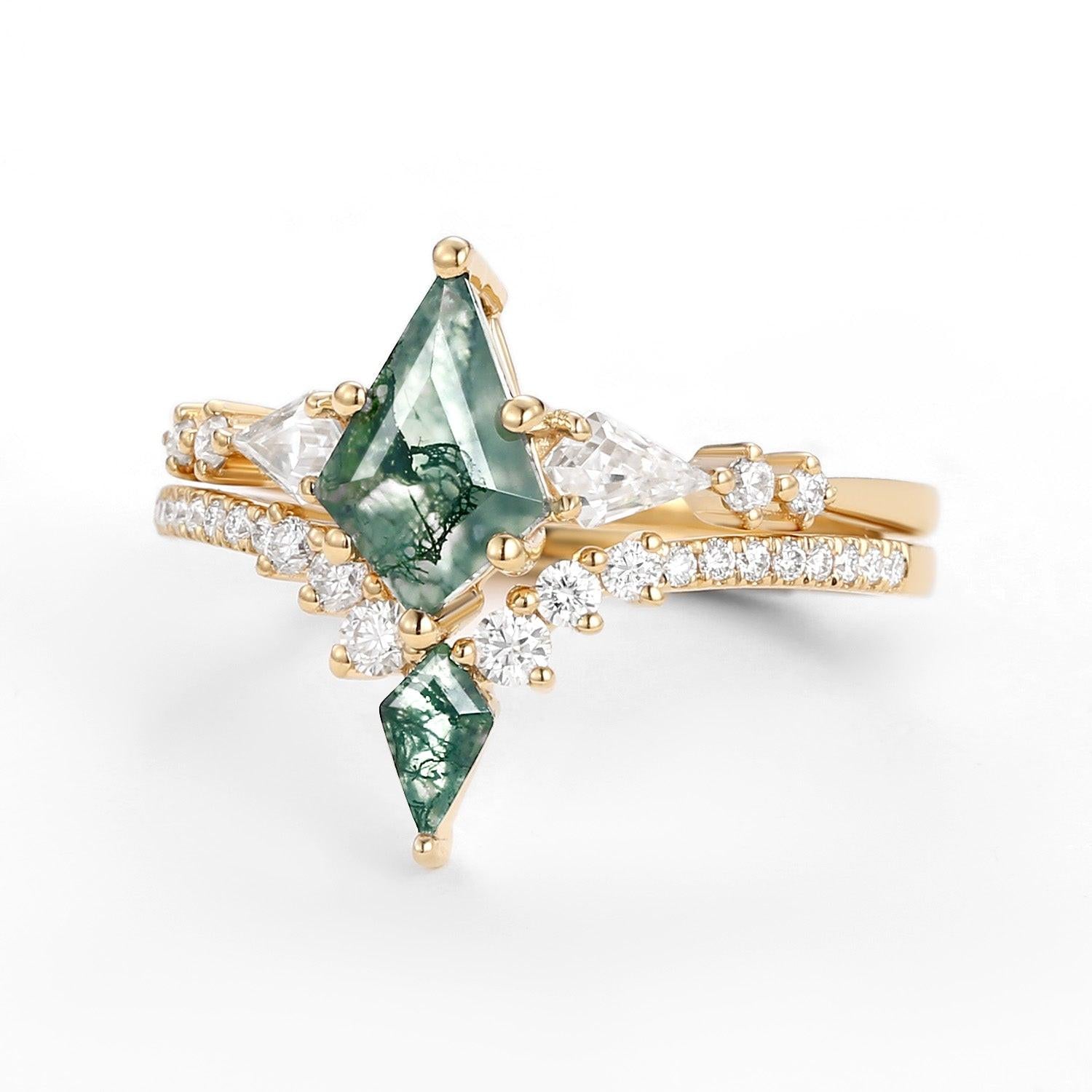 Zendaya Twin Flames Women Kite Moss Agate Wedding Ring Sets 2pcs.