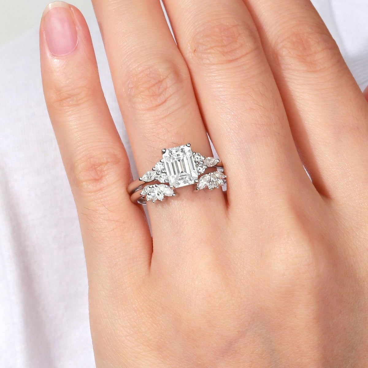 Emerald Cut Green Moss Agate Cluster Engagement Ring Set 2PCS.