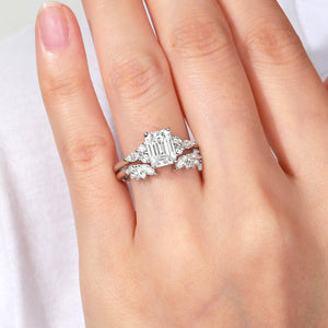 Emerald Cut Green Moss Agate Cluster Engagement Ring Set 2PCS.