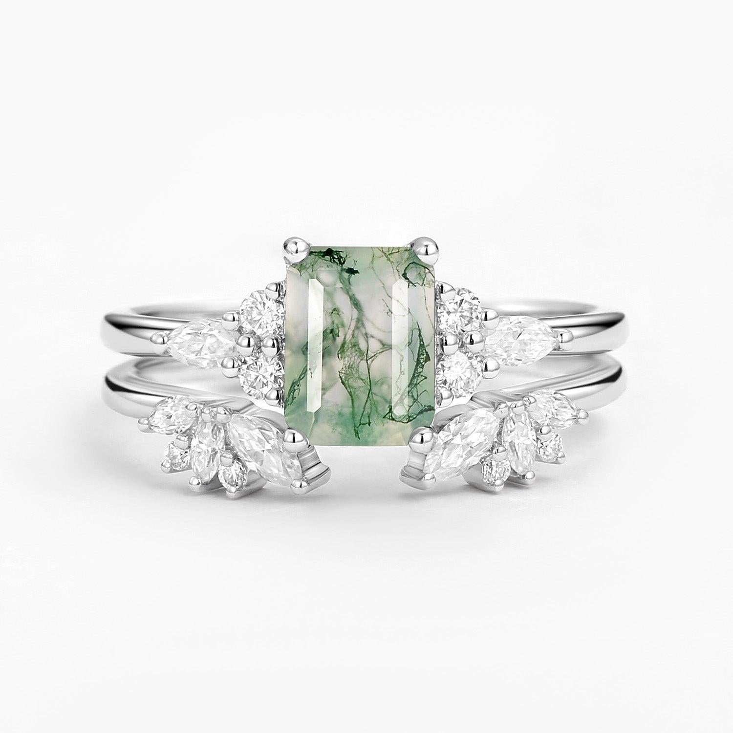 Emerald Cut Green Moss Agate Cluster Engagement Ring Set 2PCS.