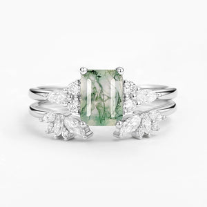 Emerald Cut Green Moss Agate Cluster Engagement Ring Set 2PCS.