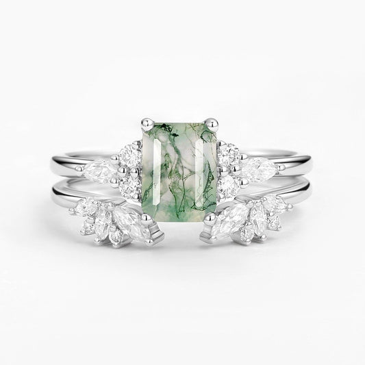 Emerald Cut Green Moss Agate Cluster Engagement Ring Set 2PCS.