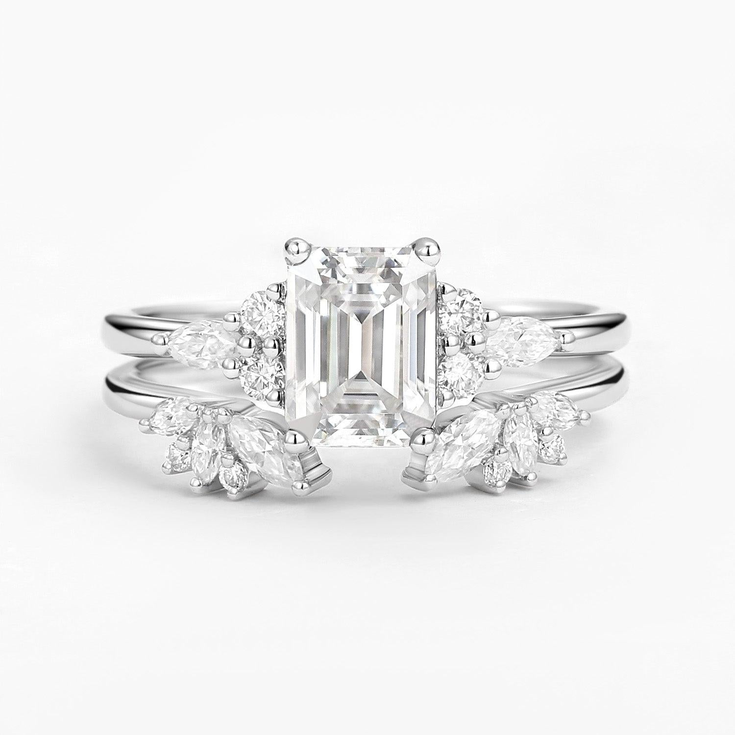 Emerald Cut Green Moss Agate Cluster Engagement Ring Set 2PCS.