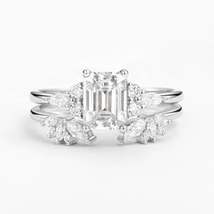 Emerald Cut Green Moss Agate Cluster Engagement Ring Set 2PCS.