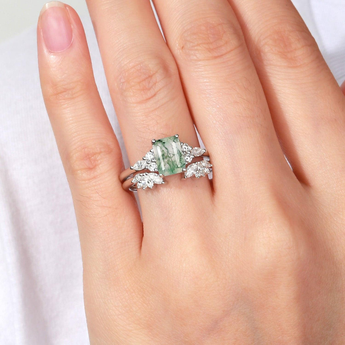 Emerald Cut Green Moss Agate Cluster Engagement Ring Set 2PCS.
