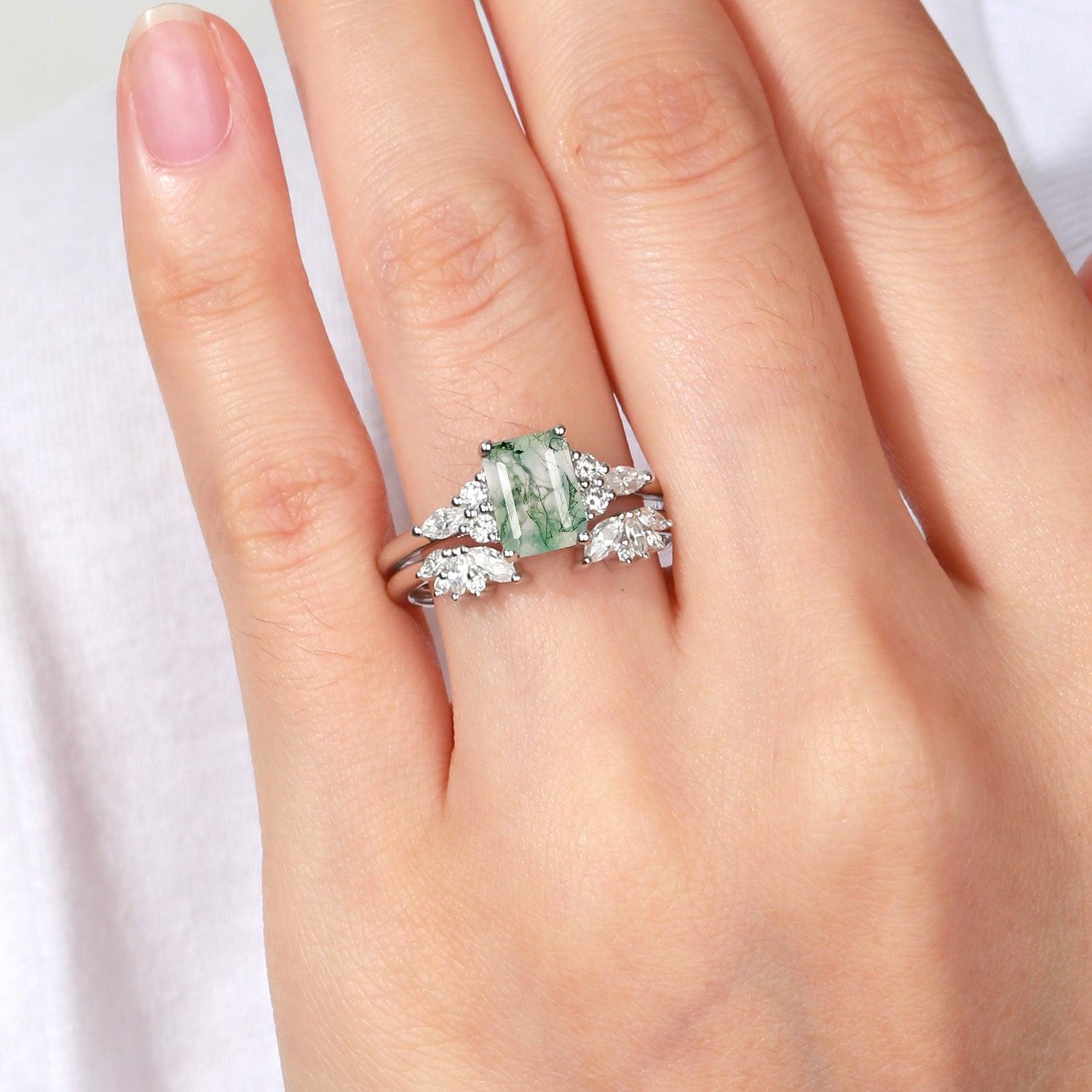 Emerald Cut Green Moss Agate Cluster Engagement Ring Set 2PCS.