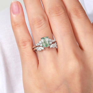 Emerald Cut Green Moss Agate Cluster Engagement Ring Set 2PCS.