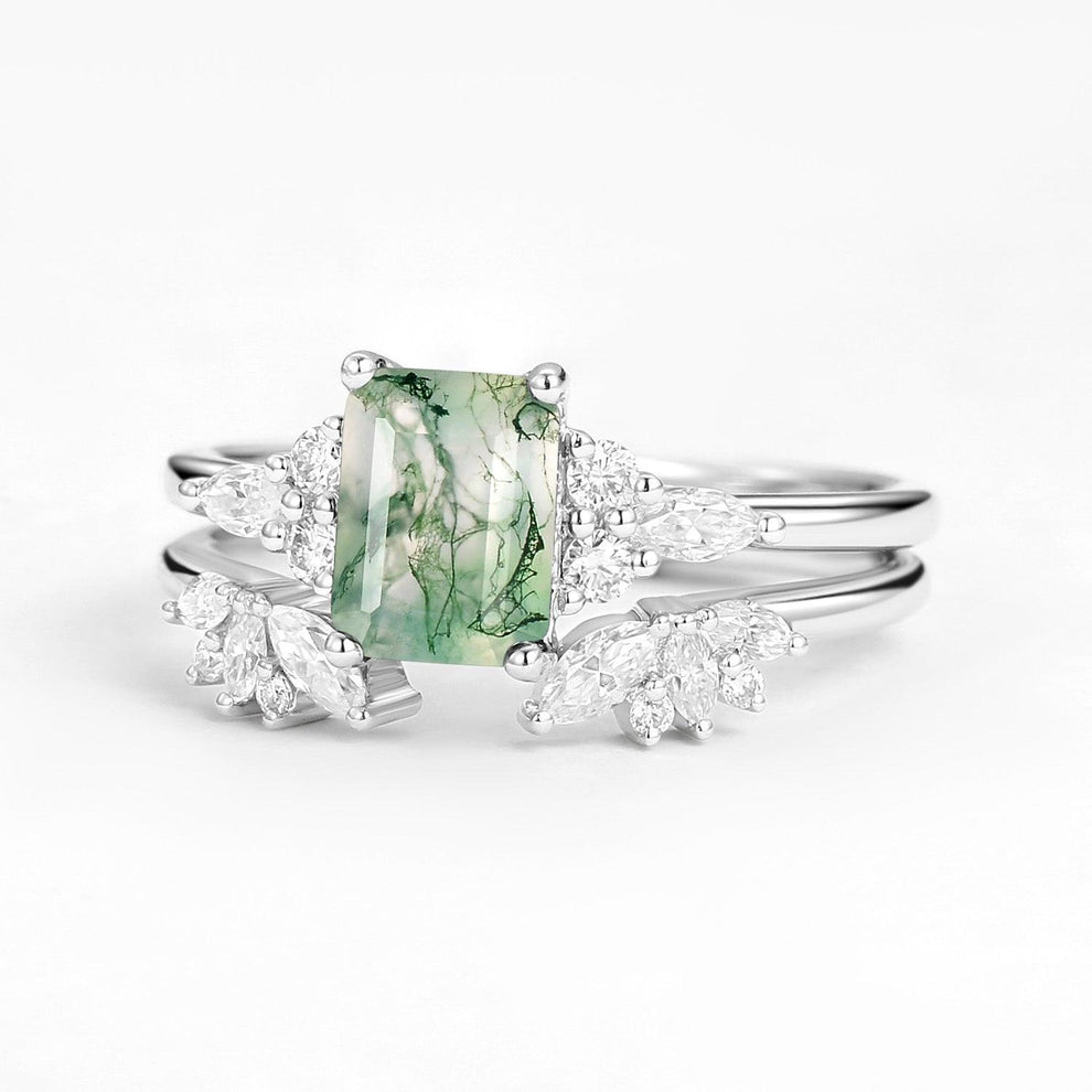 Emerald Cut Green Moss Agate Cluster Engagement Ring Set 2PCS.