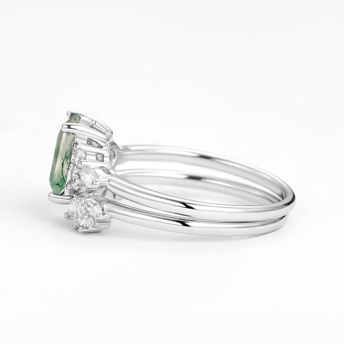 Emerald Cut Green Moss Agate Cluster Engagement Ring Set 2PCS.