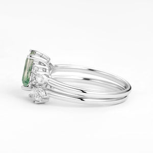 Emerald Cut Green Moss Agate Cluster Engagement Ring Set 2PCS.