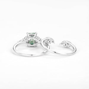 Emerald Cut Green Moss Agate Cluster Engagement Ring Set 2PCS.