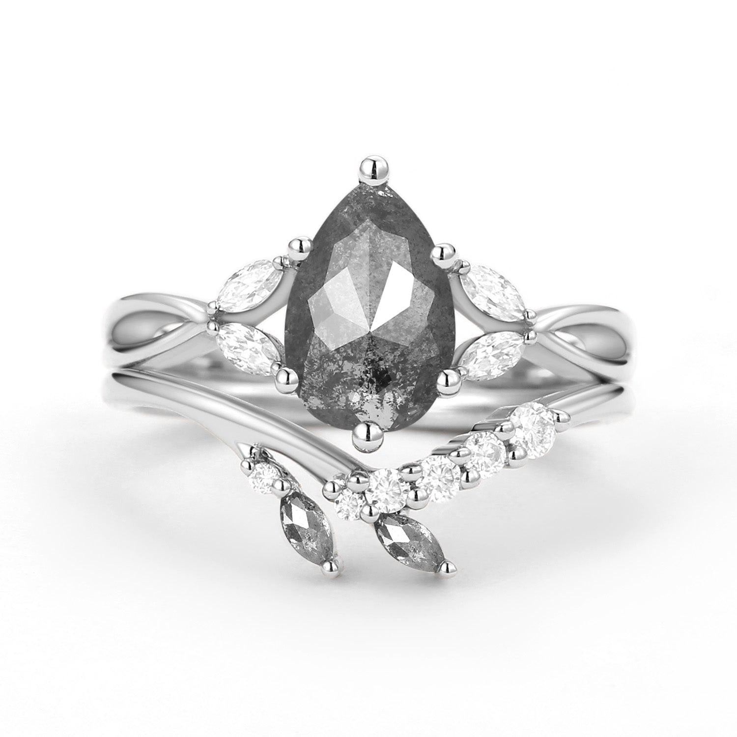 Twig Pear Shaped Moss Agate Bridal Ring Set 2pcs.