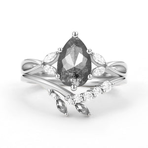 Twig Pear Shaped Moss Agate Bridal Ring Set 2pcs.