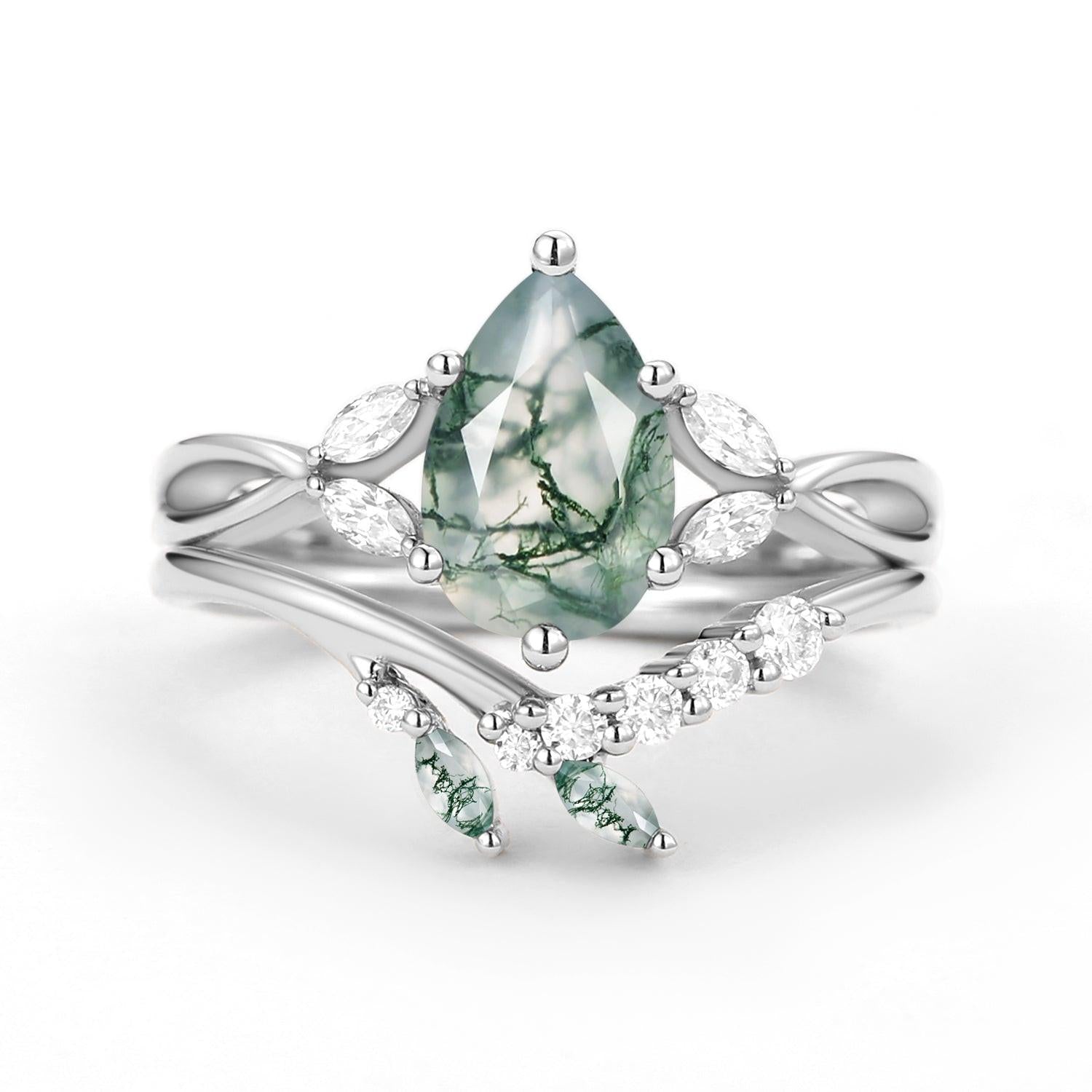 Twig Pear Shaped Moss Agate Bridal Ring Set 2pcs.