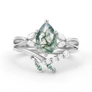 Twig Pear Shaped Moss Agate Bridal Ring Set 2pcs.