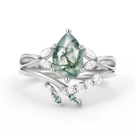 Twig Pear Shaped Moss Agate Bridal Ring Set 2pcs.