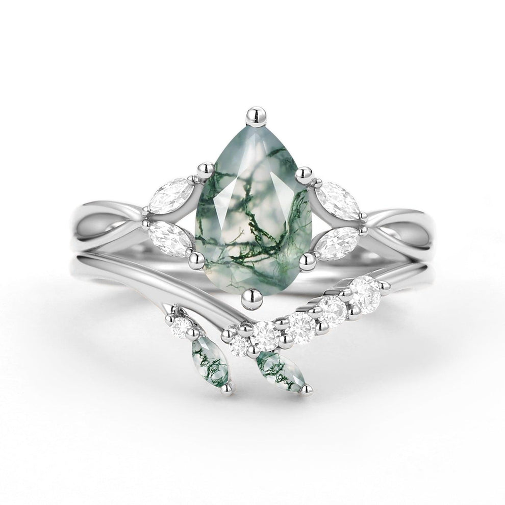 Twig Pear Shaped Moss Agate Bridal Ring Set 2pcs.