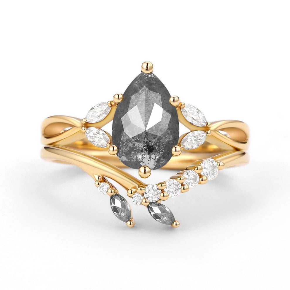 Twig Pear Shaped Moss Agate Bridal Ring Set 2pcs.