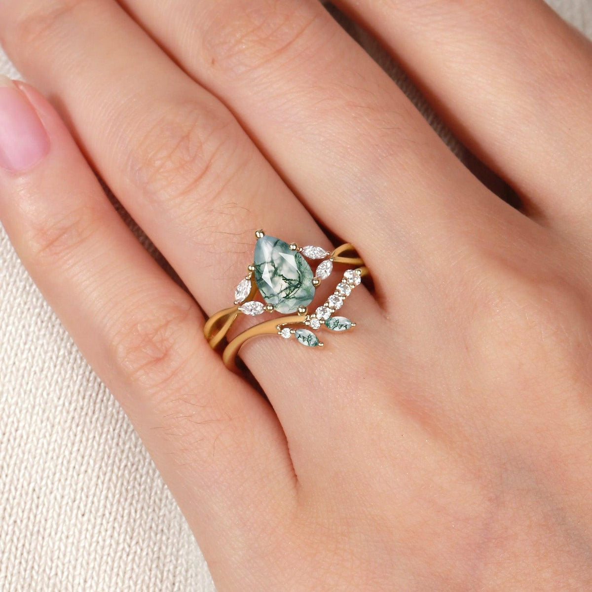 Twig Pear Shaped Moss Agate Bridal Ring Set 2pcs.