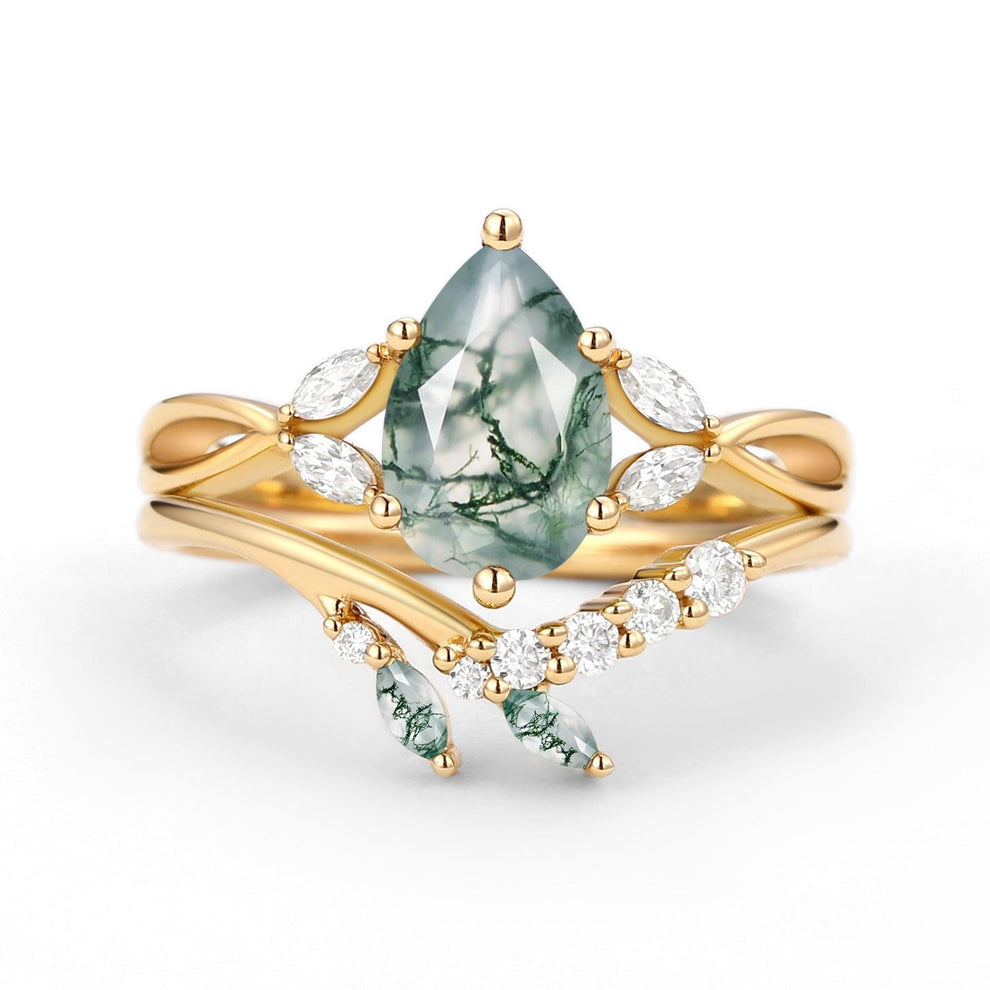 Twig Pear Shaped Moss Agate Bridal Ring Set 2pcs.