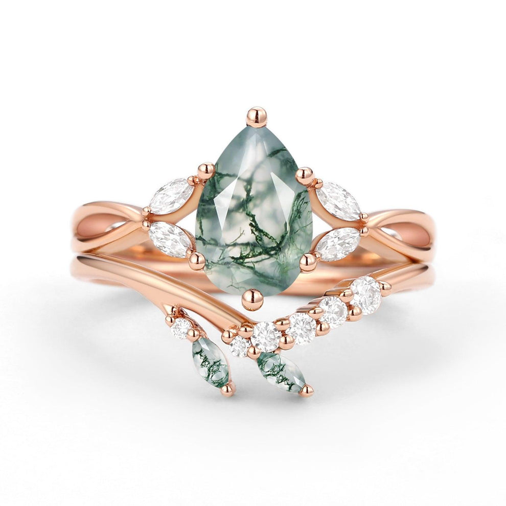 Twig Pear Shaped Moss Agate Bridal Ring Set 2pcs.
