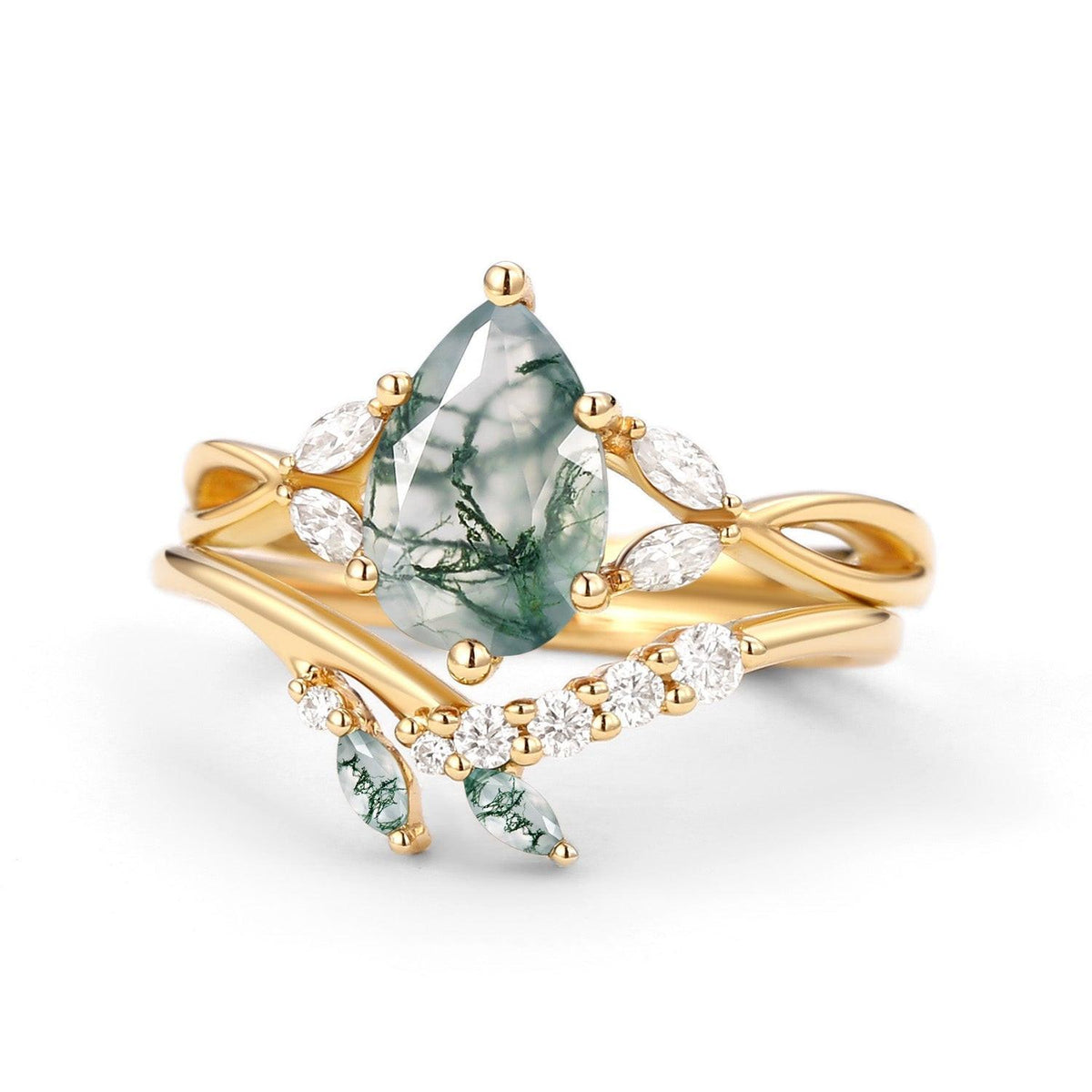 Twig Pear Shaped Moss Agate Bridal Ring Set 2pcs.