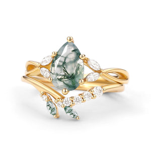 Twig Pear Shaped Moss Agate Bridal Ring Set 2pcs.