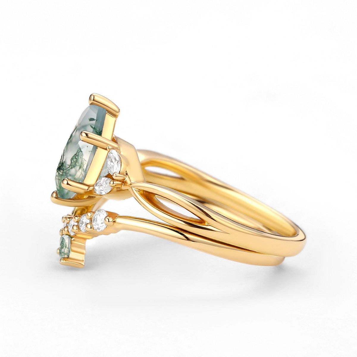Twig Pear Shaped Moss Agate Bridal Ring Set 2pcs.