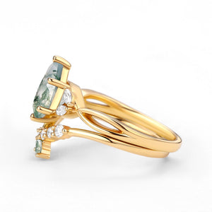 Twig Pear Shaped Moss Agate Bridal Ring Set 2pcs.