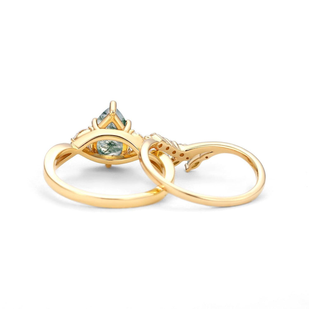 Twig Pear Shaped Moss Agate Bridal Ring Set 2pcs.