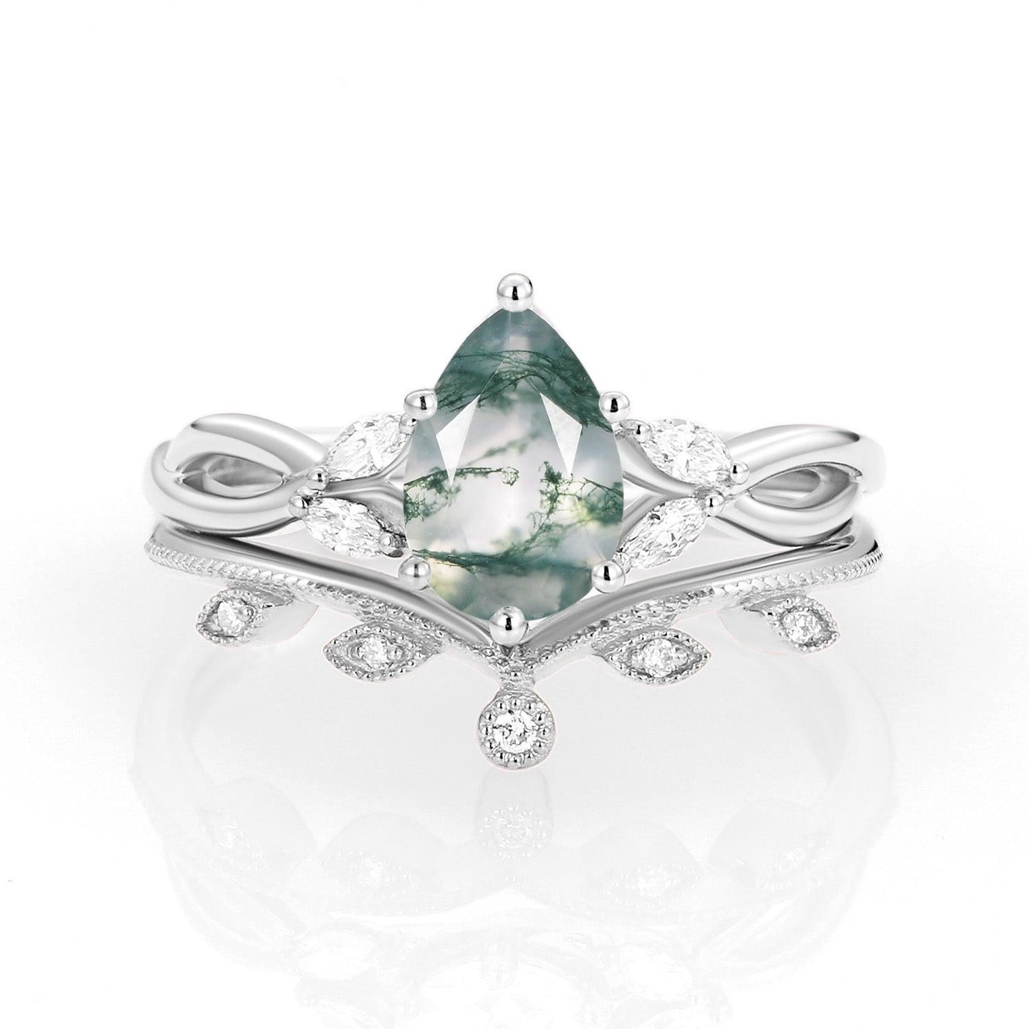 Autumn Pear Shaped Moss Agate Bridal Ring Set 2pcs.