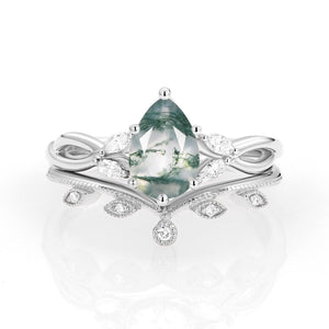 Autumn Pear Shaped Moss Agate Bridal Ring Set 2pcs.