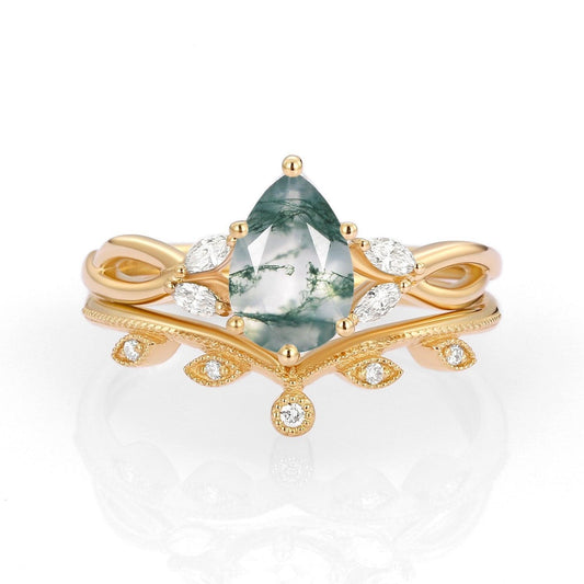 Autumn Pear Shaped Moss Agate Bridal Ring Set 2pcs.