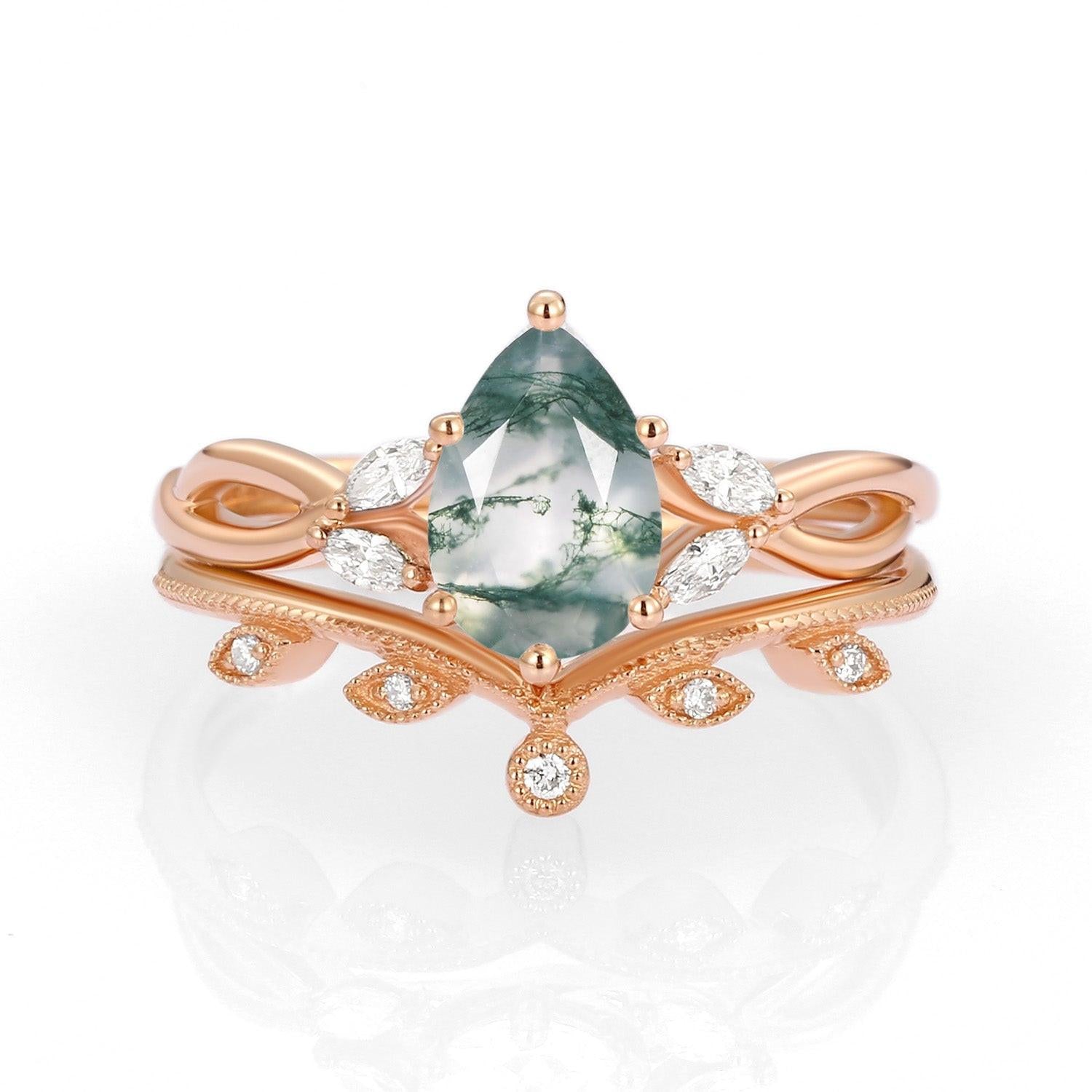 Autumn Pear Shaped Moss Agate Bridal Ring Set 2pcs.