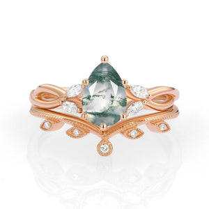 Autumn Pear Shaped Moss Agate Bridal Ring Set 2pcs.
