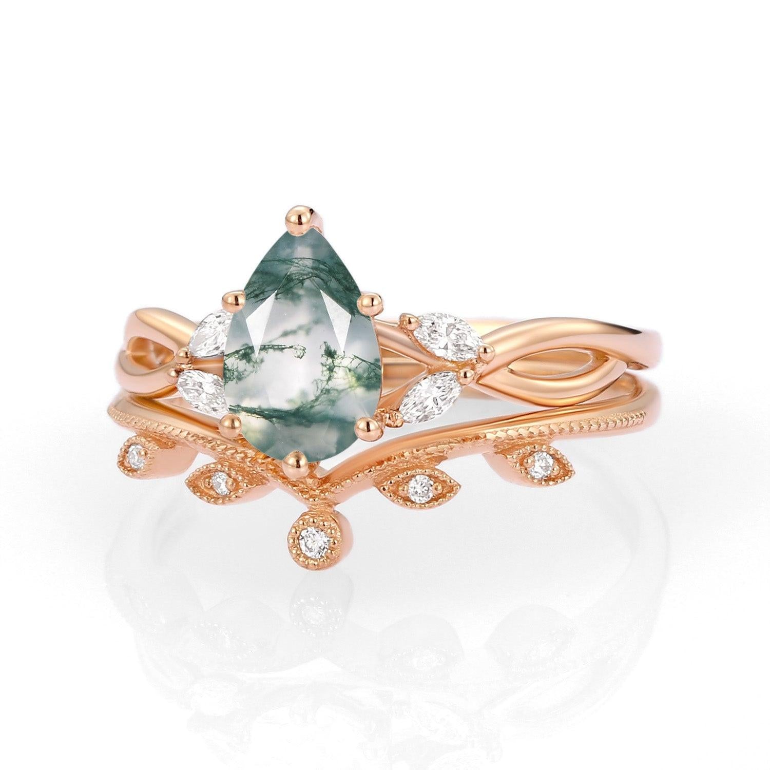 Autumn Pear Shaped Moss Agate Bridal Ring Set 2pcs.