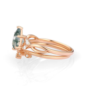 Autumn Pear Shaped Moss Agate Bridal Ring Set 2pcs.