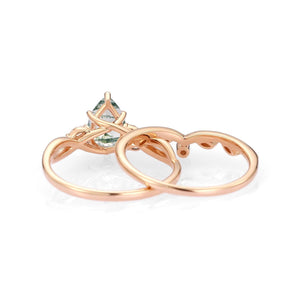 Autumn Pear Shaped Moss Agate Bridal Ring Set 2pcs.