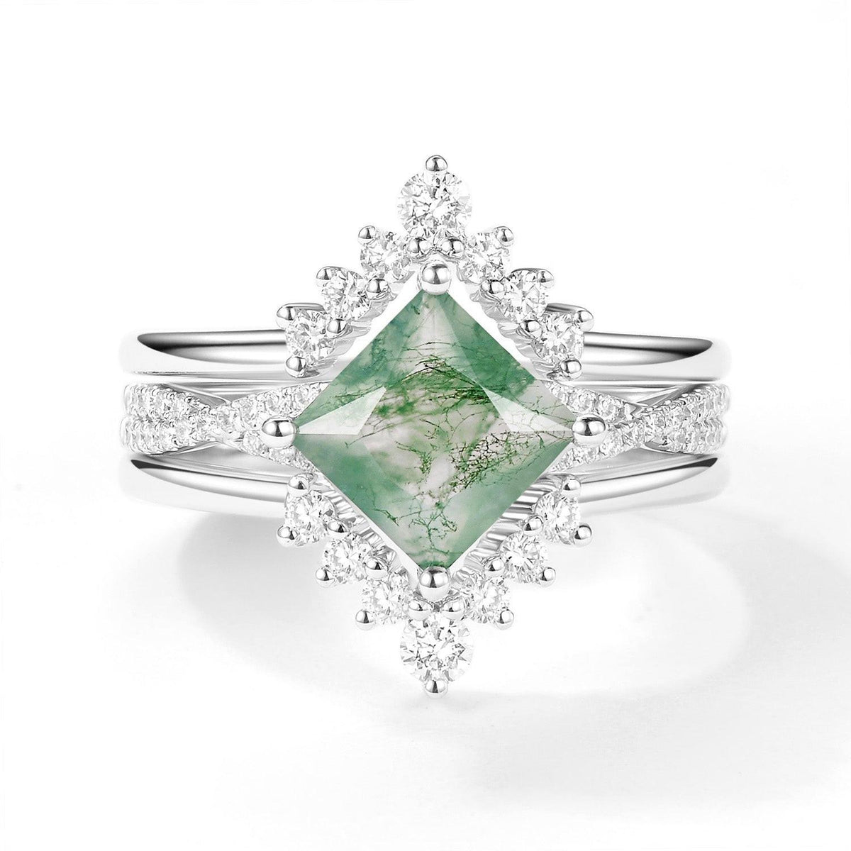 2.0ct Moss Agate Princess Cut Stacking Engagement Ring Set 3pcs.