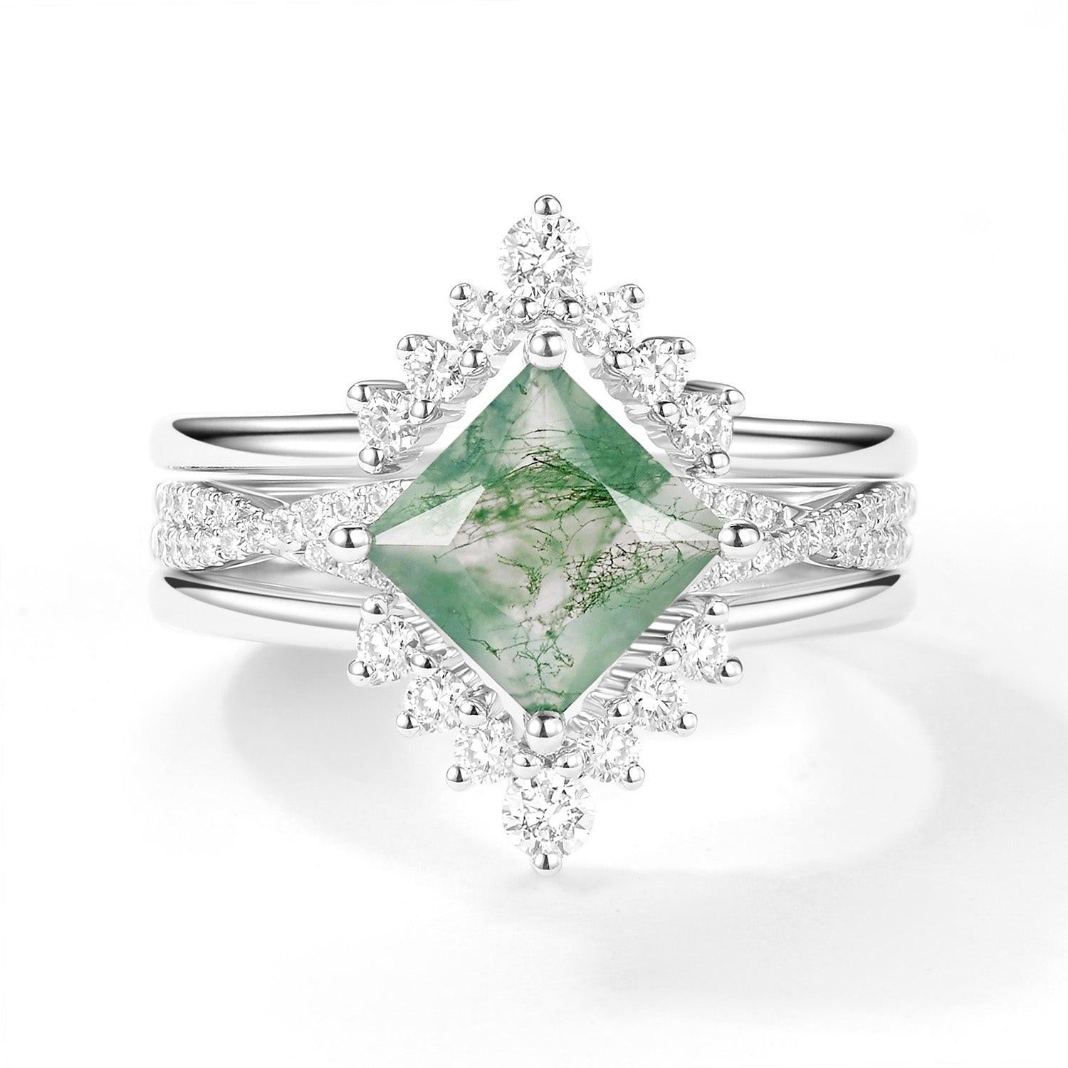 2.0ct Moss Agate Princess Cut Stacking Engagement Ring Set 3pcs.