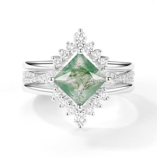 2.0ct Moss Agate Princess Cut Stacking Engagement Ring Set 3pcs.