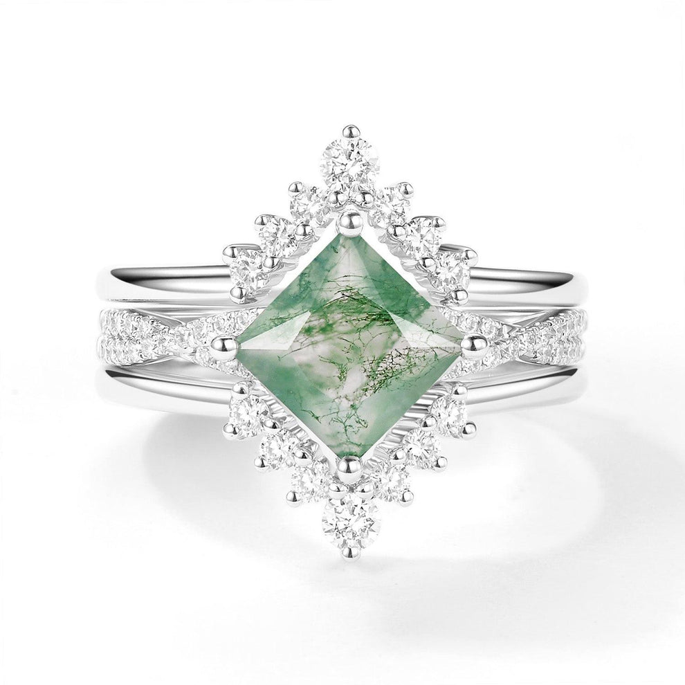 2.0ct Moss Agate Princess Cut Stacking Engagement Ring Set 3pcs.