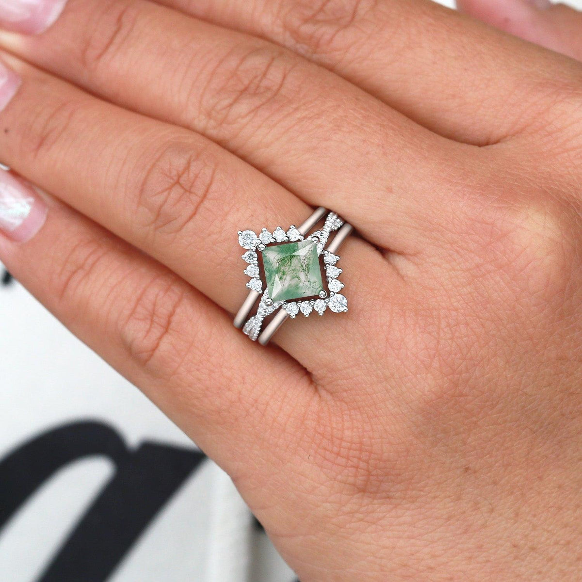 2.0ct Moss Agate Princess Cut Stacking Engagement Ring Set 3pcs.